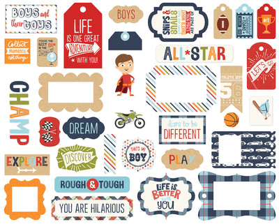 All Boy Frames & Tags Die Cut Cardstock Pack.  Pack includes 33 different die-cut shapes ready to embellish any project.