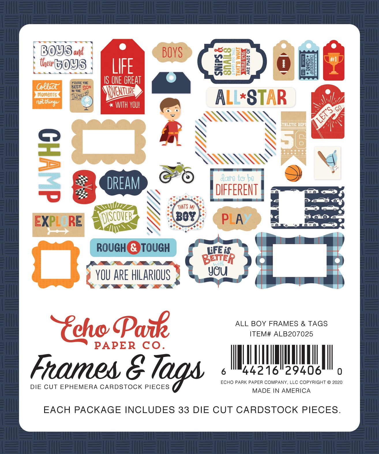 All Boy Frames & Tags Die Cut Cardstock Pack.  Pack includes 33 different die-cut shapes ready to embellish any project.