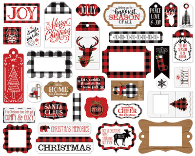 A Lumberjack Christmas Frames & Tags Die Cut Cardstock Pack.  Pack includes 33 different die-cut shapes ready to embellish any project.