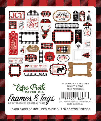 A Lumberjack Christmas Frames & Tags Die Cut Cardstock Pack.  Pack includes 33 different die-cut shapes ready to embellish any project.