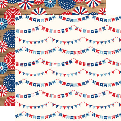 Multi-Colored (Side A - red, white, and blue patriotic banners on a cream background Side B - patriotic pinwheels with a wood plank background)