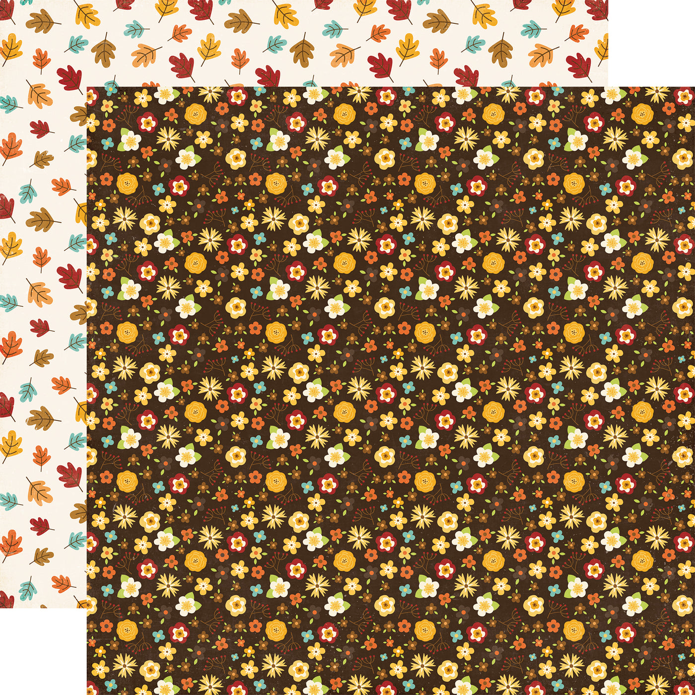 Multi-Colored (Side A - petite floral spray in fall colors on a deep brown background, Side B - leaves in fall colors on a cream background)