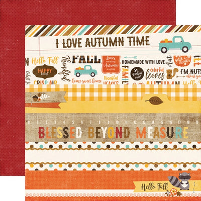 Multi-Colored (Side A - autumn border strips in colors of gold, poppy, orange, light blue, olive green, and brown Side B - tiny dark red polka dots on a distressed red background)