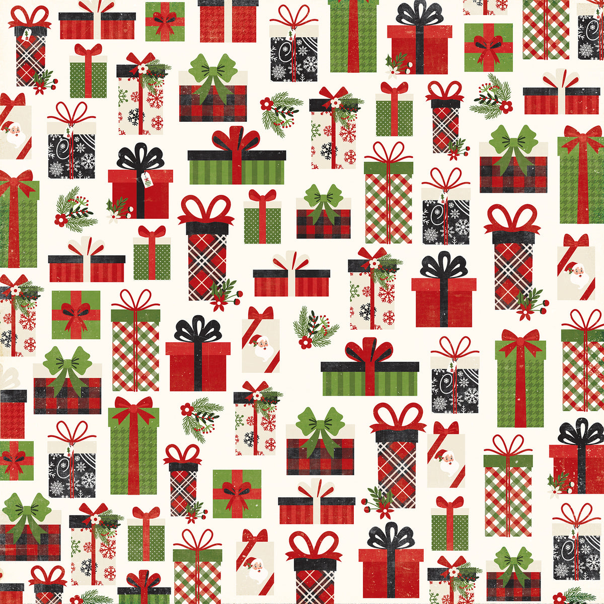 12x12 patterned cardstock depicting presents with Christmas wrapping from Echo Park Paper
