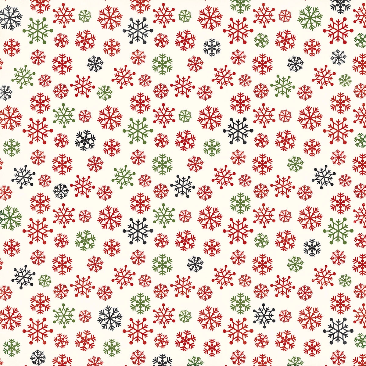 Side B - red, green and black snowflakes all over on an off-white background