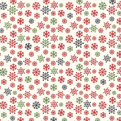 Side B - red, green and black snowflakes all over on an off-white background
