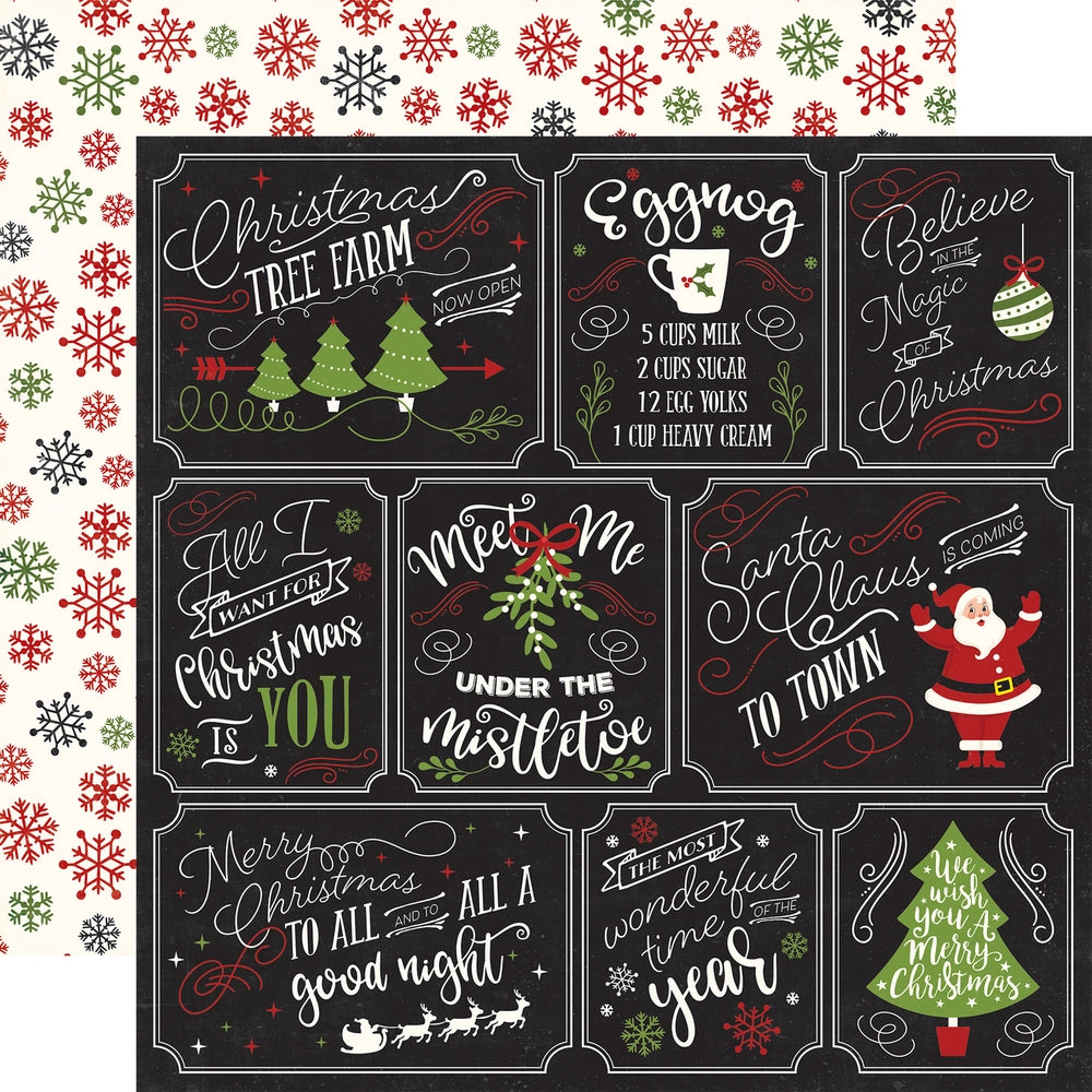 Multi-Colored (Side A - Christmas journaling cards and phrases on a black background, Side B - red, green and black snowflakes all over on an off-white background)
