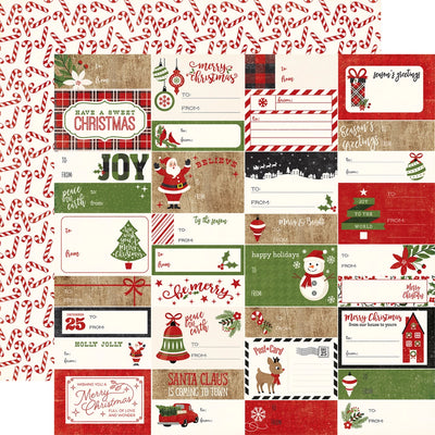 Multi-Colored (Side A - Christmas gift tags and phrases on an off-white background, Side B - red candy canes all over on an off-white background)