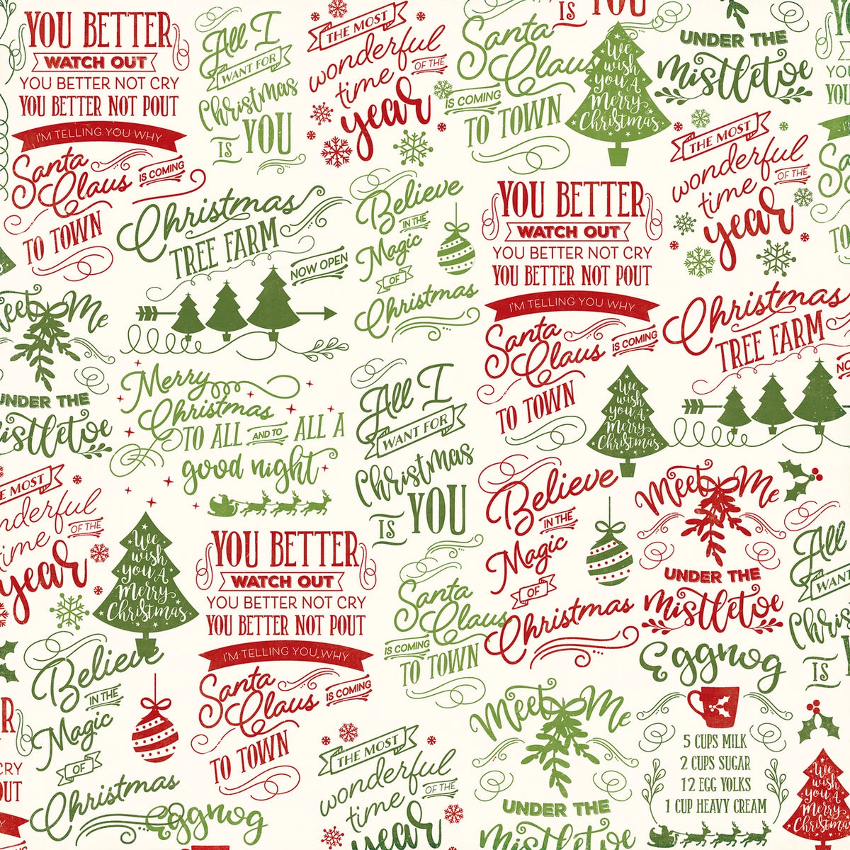 Side B - red and green Christmas phrases on an off-white background