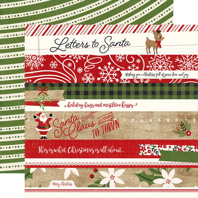 Multi-Colored (Side A - Christmas border strips and phrases on an off-white background, Side B - olive green and off-white curved stripes with dots)