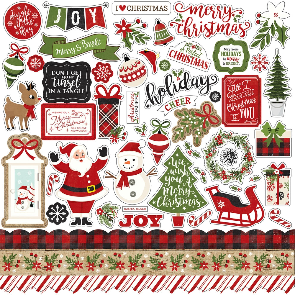 A Perfect Christmas Elements 12" x 12" Cardstock Stickers from the A Perfect Christmas Collection by Echo Park. This set of stickers includes Rudolph the Red-Nosed Reindeer, Santa, a red sleigh, a Christmas tree, snowmen, ornaments, gifts, and more!  