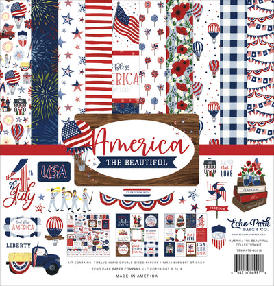 Show why this land is made for you and me with some Independence Day crafts using the America the Beautiful Collection Kit designed by Echo Park. Included in the kit are 12 double-sided papers with designs of stars, stripes, flowers, pinwheels, banners, and more. Also included is one Element sticker sheet.