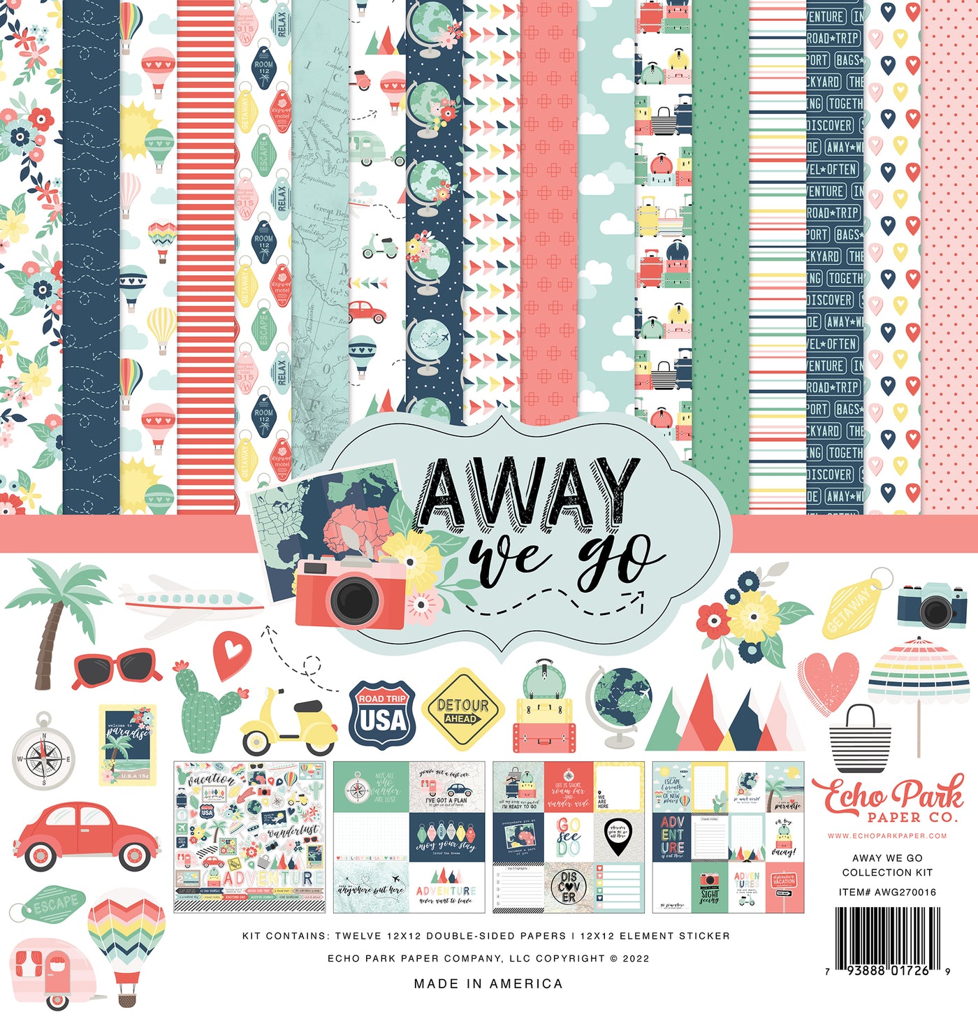 Twelve double-sided papers with travel and vacation themes. 12x12 inch textured cardstock. Includes Element Sticker Sheet, Echo Park Paper Co.
