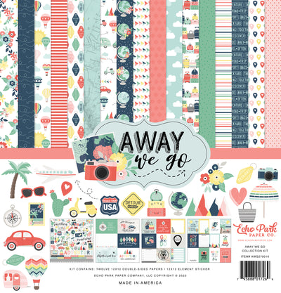 Twelve double-sided papers with travel and vacation themes. 12x12 inch textured cardstock. Includes Element Sticker Sheet, Echo Park Paper Co.