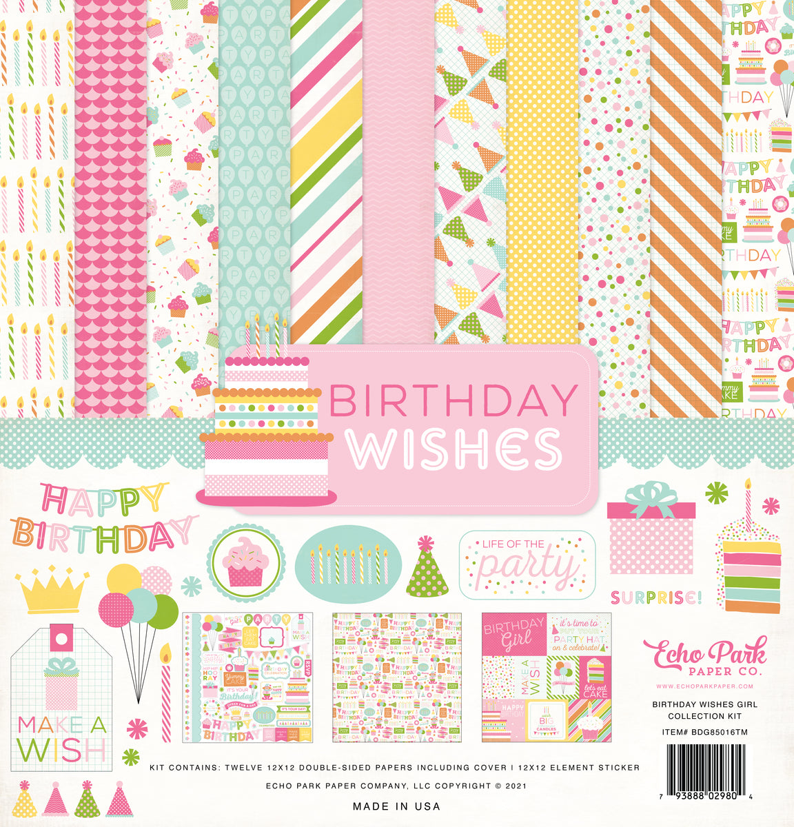 Birthday Wishes Girl - 12x12 collection kit with element stickers to celebrate girl's party - Echo Park Paper