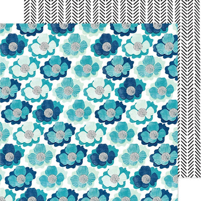 (Side A - beautiful poppy-looking flowers in blues on a white background, Side B - broken chevron pattern in black on a white background)