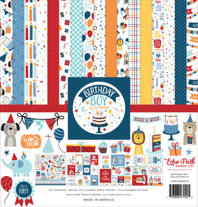 Twelve double-sided papers with party colors and themes focused on boy's birthday. 12x12 inch textured cardstock; includes Element Sticker Sheet.