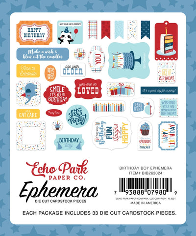 Birthday Boy Ephemera Die Cut Cardstock Pack includes 33 different die-cut shapes ready to embellish any project. 