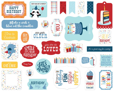 Birthday Boy Ephemera Die Cut Cardstock Pack includes 33 different die-cut shapes ready to embellish any project. 