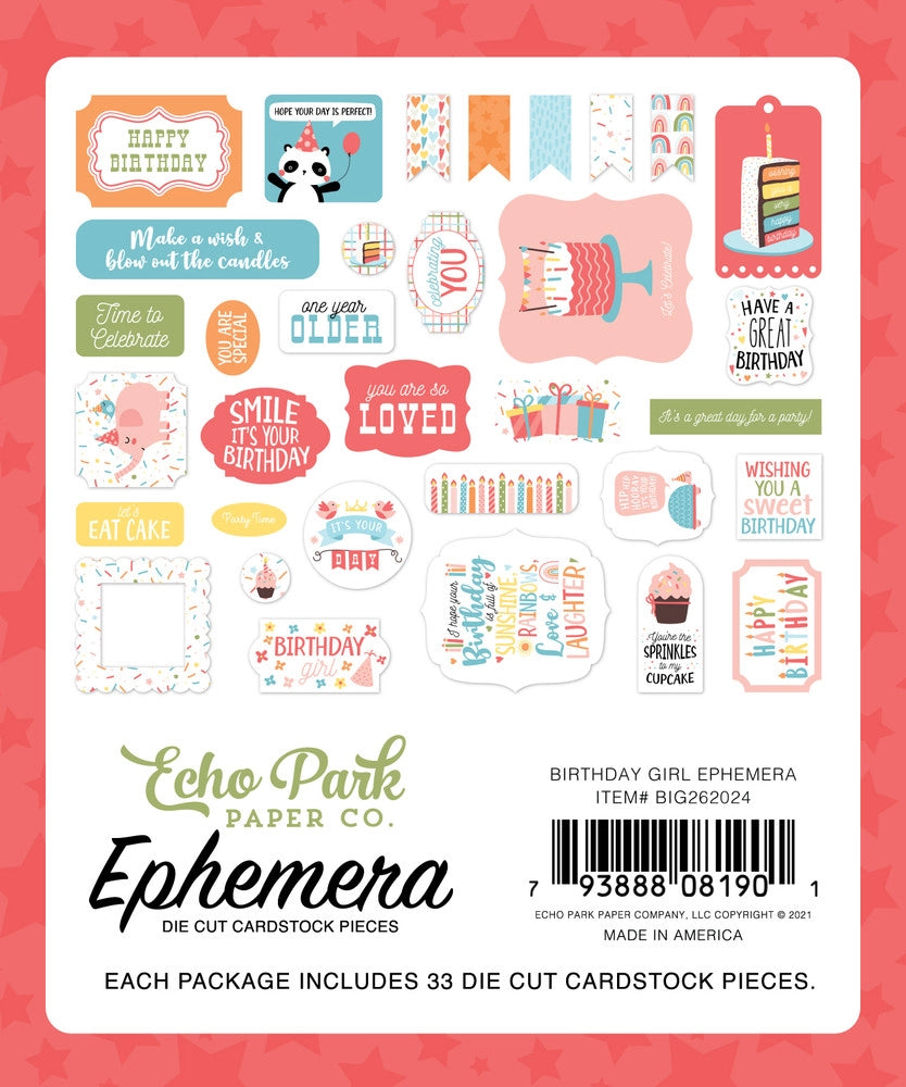 Birthday Girl Ephemera Die Cut Cardstock Pack includes 33 different die-cut shapes ready to embellish any project. 