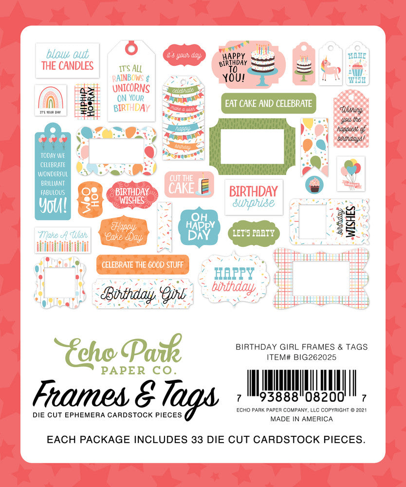 Birthday Girl Frames & Tags Die Cut Cardstock Pack includes 33 different die-cut shapes ready to embellish any project. 