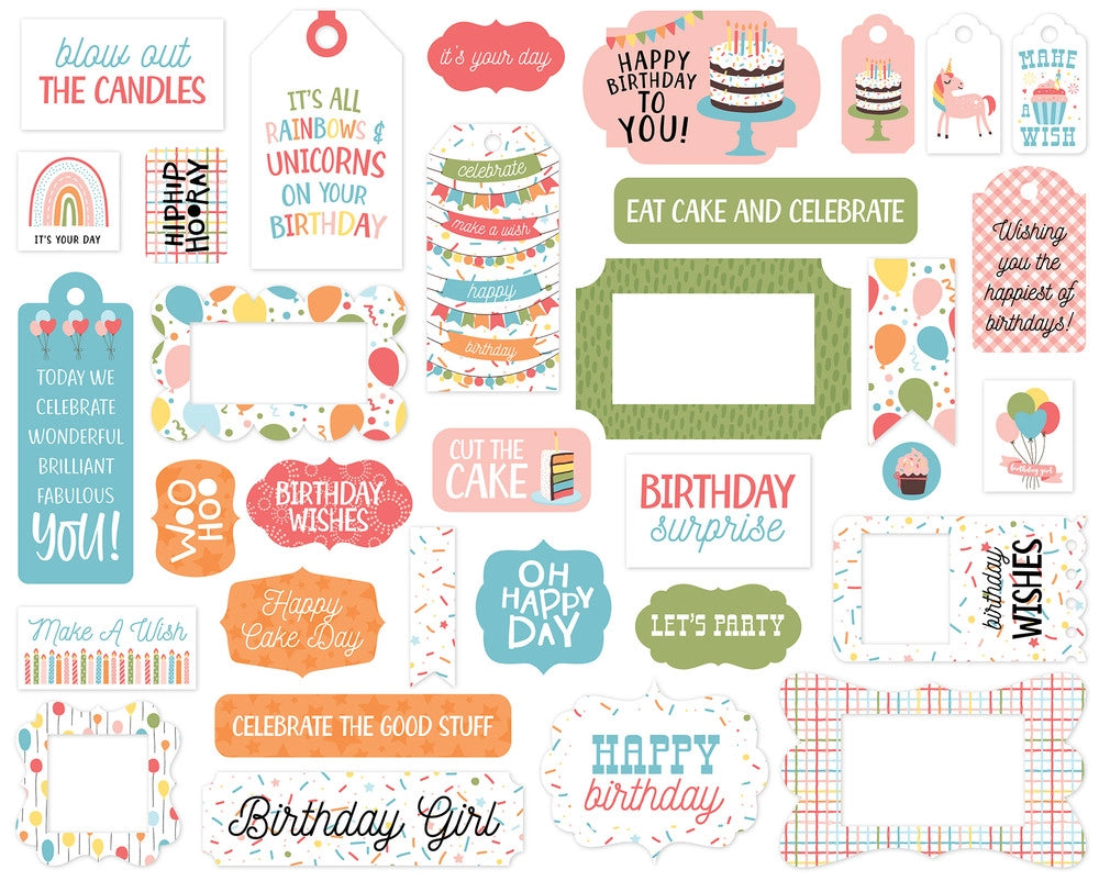 Birthday Girl Frames & Tags Die Cut Cardstock Pack includes 33 different die-cut shapes ready to embellish any project. 