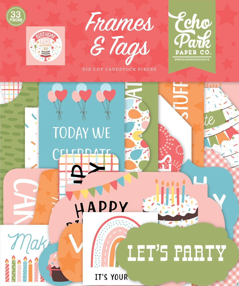 Birthday Girl Frames & Tags Die Cut Cardstock Pack includes 33 different die-cut shapes ready to embellish any project. 