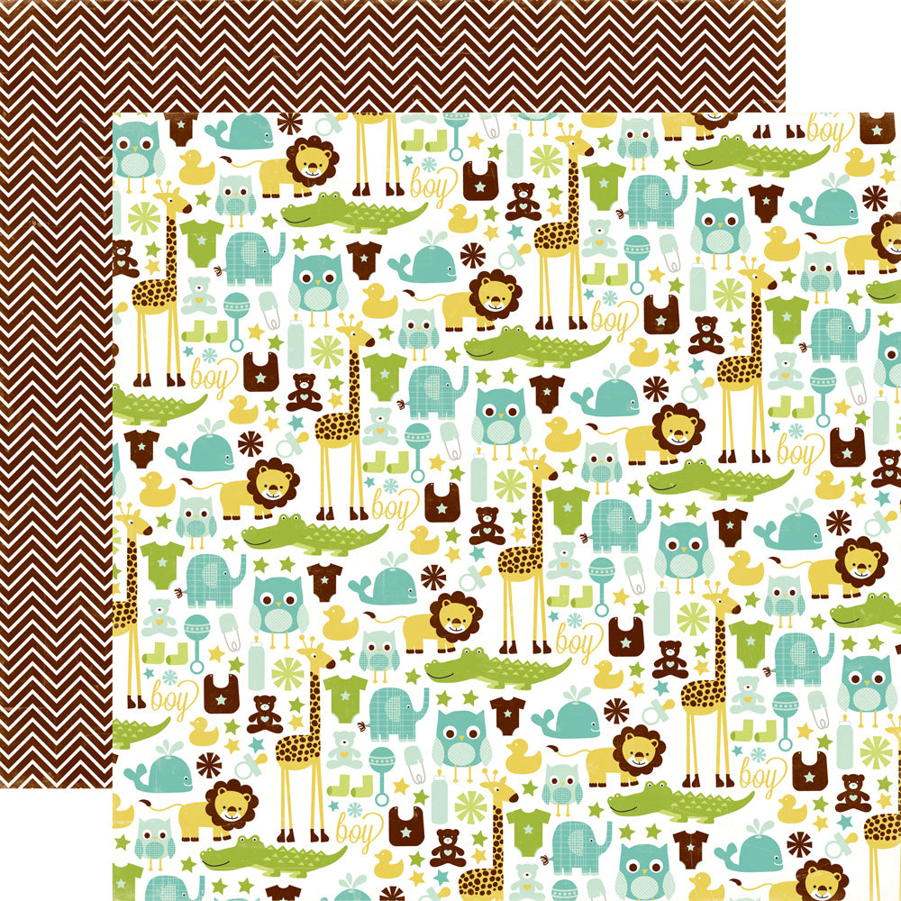 Multi-Colored (Side A - a playful, fun mix of zoo animals, owls, baby rattles, and other baby items in mustard yellow, turquoise blue, olive green, and brown on an off-white background, Side B - rows of brown chevrons on an off-white background)