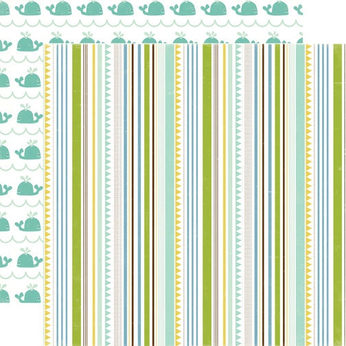 (Side A - a playful, fun mix of stripes and triangle patterns in mustard yellow, turquoise blue, olive green, and brown on white background, Side B - rows of  happy blue whales and a wave pattern on a  white background)