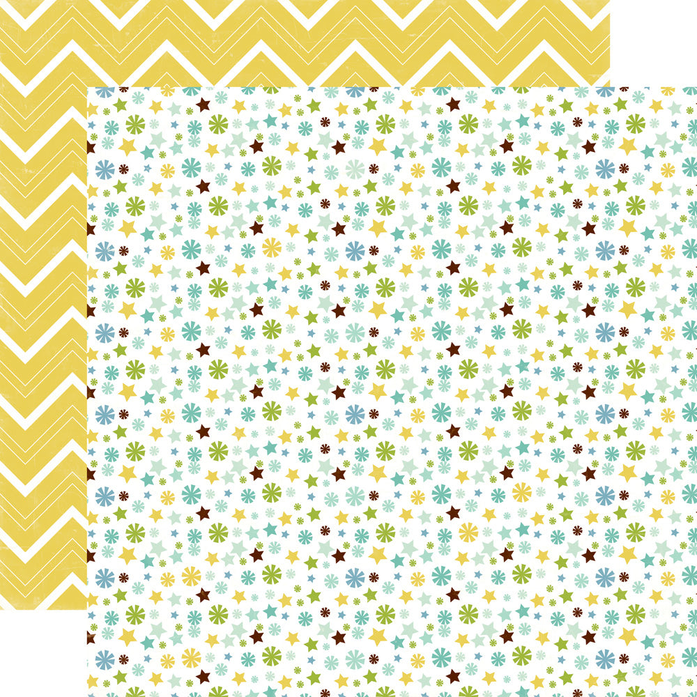(Side A - a playful, fun mix of little stars and flower shapes in turquoise blue, olive green, and brown on an off-white background, Side B - rows of yellow chevrons on an off-white background)