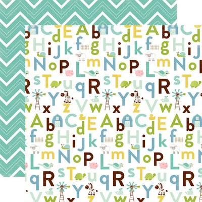 Multi-Colored (Side A - playful, fun alphabet letters with images in yellow, olive green, baby blue, and brown on white background, Side B - rows of turquoise blue chevron on a white background)