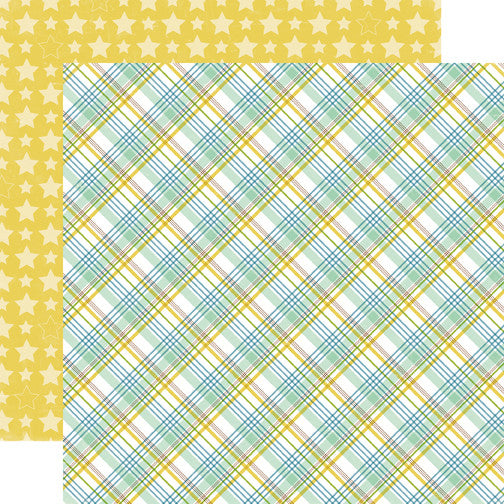 (Side A - plaid in yellow, olive green, baby blue, and brown on white background, Side B - rows of pastel yellow stars on a yellow background)