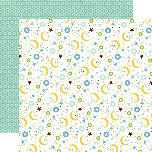 (Side A - playful, fun stars and moons with polka dots in yellow, olive green, baby blue, and brown on white background, Side B - rows of blue arrows in circles on turquoise blue background)