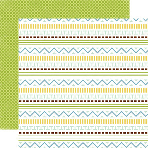 (Side A - rows of alternating geometric patterns in yellows, greens, blues, and browns on a white background, Side B - small green lattice pattern on a lime green background)