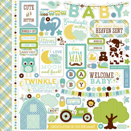 Bundle of Joy Boy Elements 12" x 12" Cardstock Stickers from the Bundle of Joy Boy Collection. The package includes one sheet of cardstock stickers with images of trains, a tractor, a barn, safety pins, teddy bears, banners, and phrases like "Welcome Baby," "Cute as a Button," and more. 