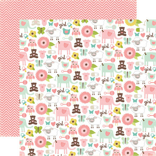 Multi-Colored (Side A - sweet pink elephants, lambs, brown teddy bears, flowers, butterflies, and more on white background, Side B - pink chevron on a darker pink background)