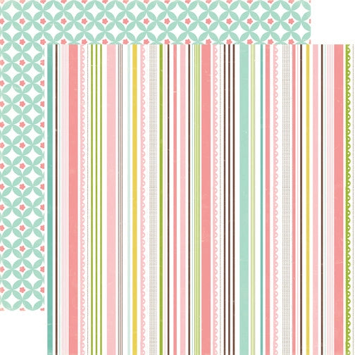 (Side A - rows of frills and stripes in pinks, greens, baby blues, and brown on a white background, Side B - repeating pastel blue and pink pattern)