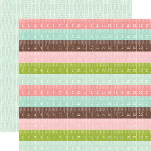 Multi-Colored (Side A - rows of measuring tape in pink, olive green, baby blue, and brown, Side B - repeating pastel blue pattern)