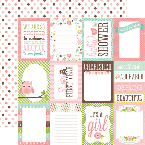 (Side A - 3X4 baby girl journaling cards, Side B - pink and brown polka dots on a white background)