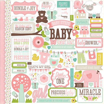 Bundle of Joy Girl Elements 12" x 12" Cardstock Stickers from the Bundle of Joy Girl Collection. The package includes one sheet of cardstock stickers with images of baby clothes on a clothesline, flowers, safety pins, teddy bears, and phrases like "Sweet Girl," "Baby Shower," and more. 