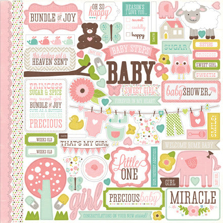 Bundle of Joy Girl Elements 12" x 12" Cardstock Stickers from the Bundle of Joy Girl Collection. The package includes one sheet of cardstock stickers with images of baby clothes on a clothesline, flowers, safety pins, teddy bears, and phrases like "Sweet Girl," "Baby Shower," and more. 