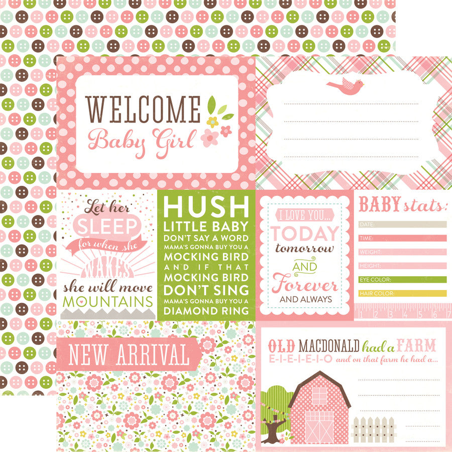 (Side A - playful, fun journaling cards in pink, olive green, baby blue, and brown on white background, Side B - rows of buttons in coordinating colors on a white background)