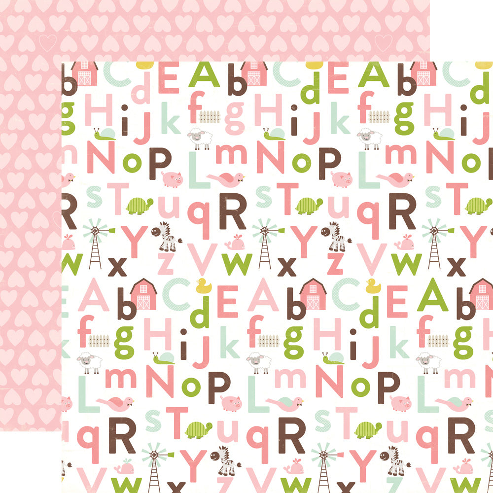 (Side A - playful, fun alphabet letters with images in pink, olive green, baby blue, and brown on white background, Side B - rows of pink hearts on a darker pink background)