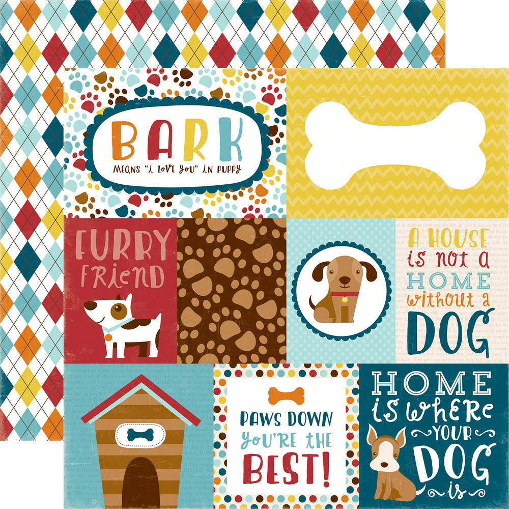 Multi-Colored (Side A - colorful journaling cards with dogs, dog bones, paw prints, phrases, and more. Side B - bright argyle pattern on white background)