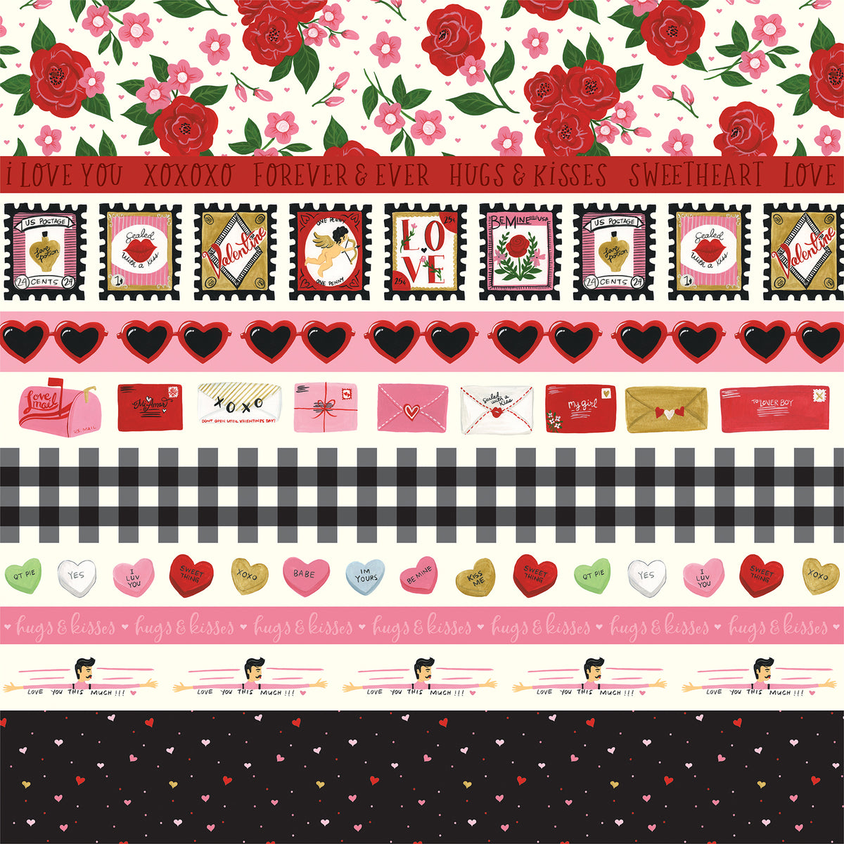 12x12 patterned cardstock with 10 different Valentine border strips from Echo Paper Paper