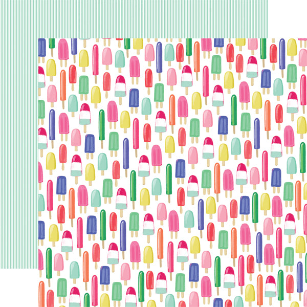 Multi-colored (Side A - bright, colorful, popsicles in various sizes on white background, Side B - mint green pinstripes on a white background)