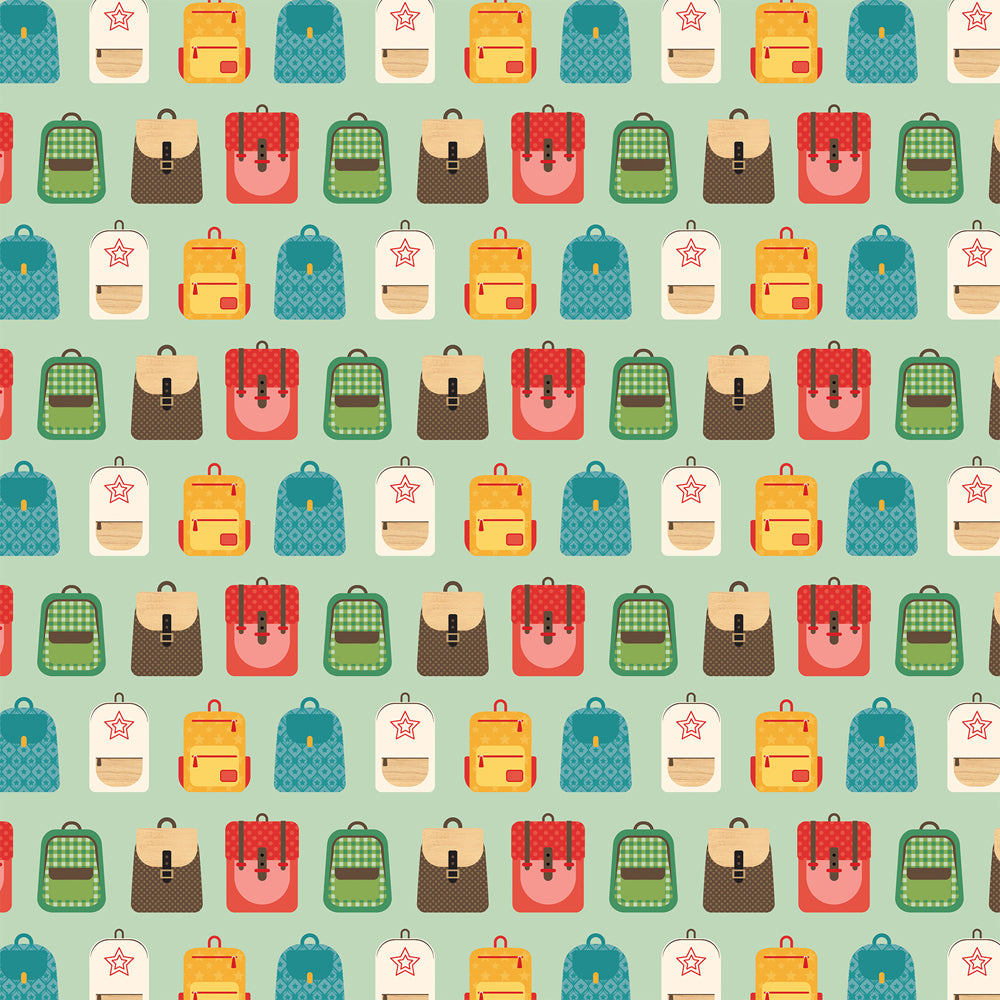 Side A - rows of backpacks in yellows, reds, greens, blues, browns, and white on a mint green background