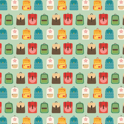 Side A - rows of backpacks in yellows, reds, greens, blues, browns, and white on a mint green background