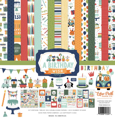 Twelve double-sided papers with party colors and themes focused on boy's birthday. 12x12 inch textured cardstock; includes Element Sticker Sheet.