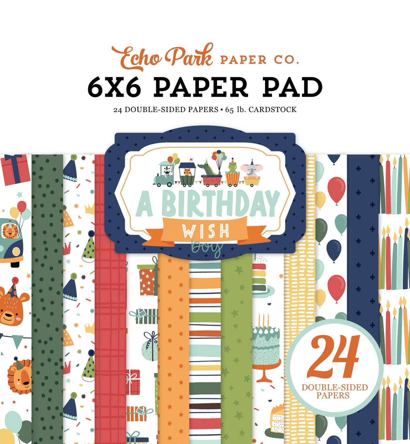 BIRTHDAY BOY 6x6 Paper Pad, Echo Park - 6x6 pad with 24 double-sided sheets. Scaled-down images are great for card making and similar crafts. This pad features brightly colored birthday theme.